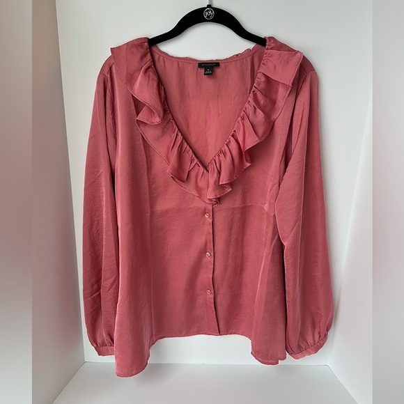 Ann Taylor Satin Ruffled V Neck Poets Blouse Dusty Pink Desert Rose Long Sleeve - Picture 6 of 6